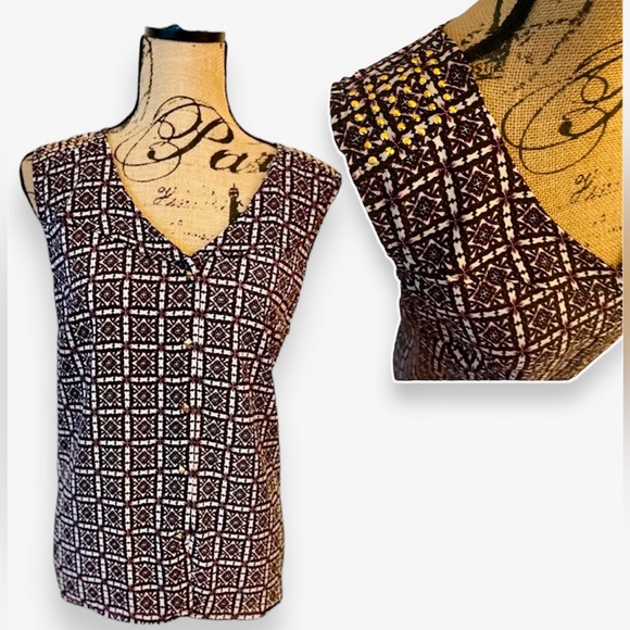 Elements Cap Sleeves Silky Geometric Boho Button Down Top Shirt Gold Studs  XL - Picture 1 of 16
